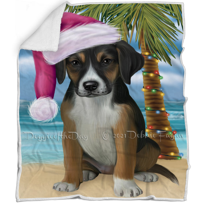 Summertime Happy Holidays Christmas American English Foxhound Dog on Tropical Island Beach Blanket BLNKT143430