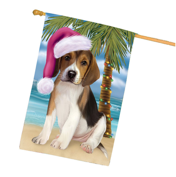 Christmas Summertime Beach American English Foxhound Dog House Flag Outdoor Decorative Double Sided Pet Portrait Weather Resistant Premium Quality Animal Printed Home Decorative Flags 100% Polyester FLG68643