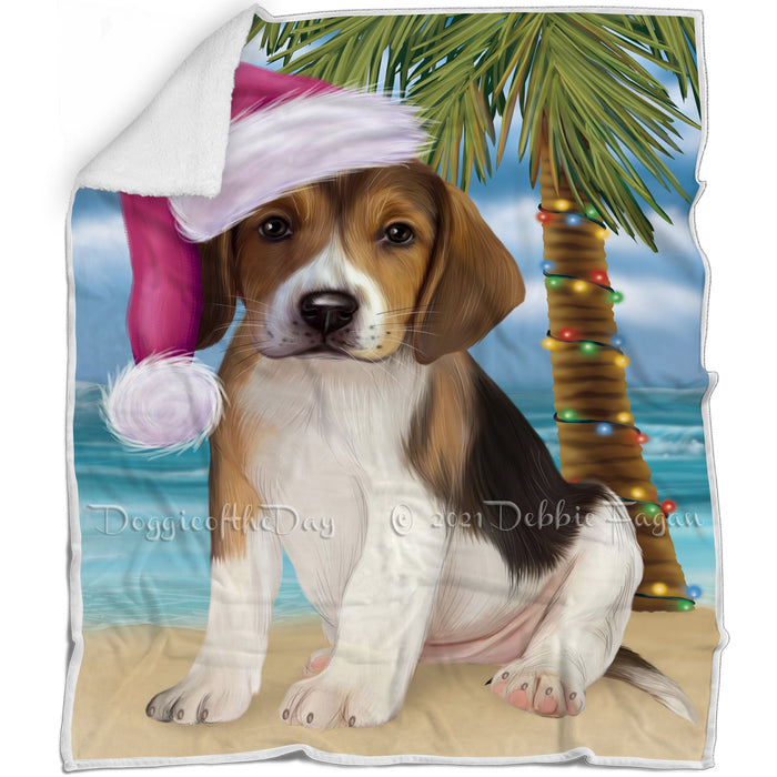 Summertime Happy Holidays Christmas American English Foxhound Dog on Tropical Island Beach Blanket BLNKT143428
