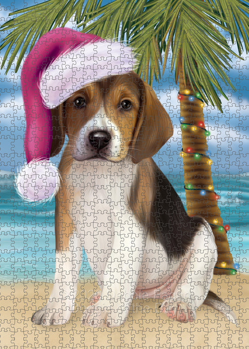 Christmas Summertime Island Tropical Beach American English Foxhound Dog Portrait Jigsaw Puzzle for Adults Animal Interlocking Puzzle Game Unique Gift for Dog Lover's with Metal Tin Box PZL695