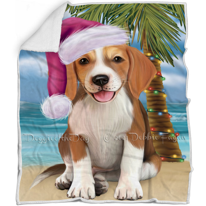 Summertime Happy Holidays Christmas American English Foxhound Dog on Tropical Island Beach Blanket BLNKT143429