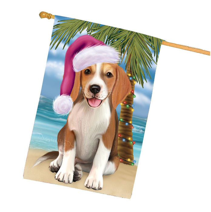 Christmas Summertime Beach American English Foxhound Dog House Flag Outdoor Decorative Double Sided Pet Portrait Weather Resistant Premium Quality Animal Printed Home Decorative Flags 100% Polyester FLG68644