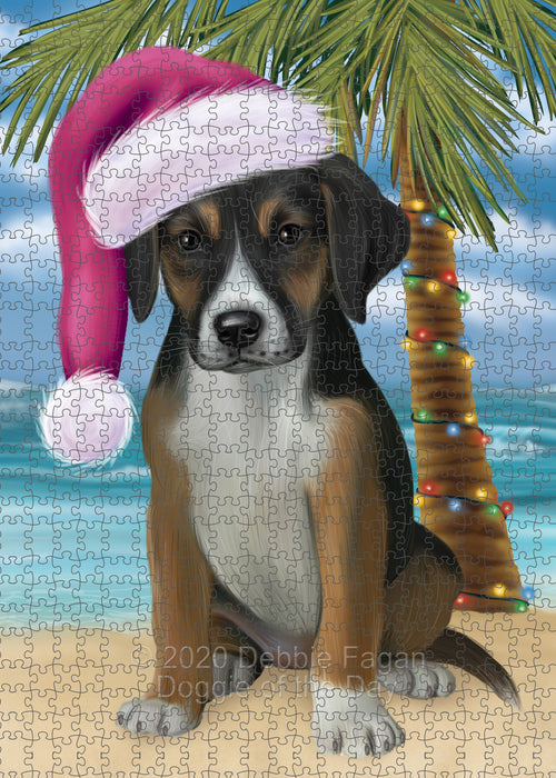 Christmas Summertime Island Tropical Beach American English Foxhound Dog Portrait Jigsaw Puzzle for Adults Animal Interlocking Puzzle Game Unique Gift for Dog Lover's with Metal Tin Box PZL697