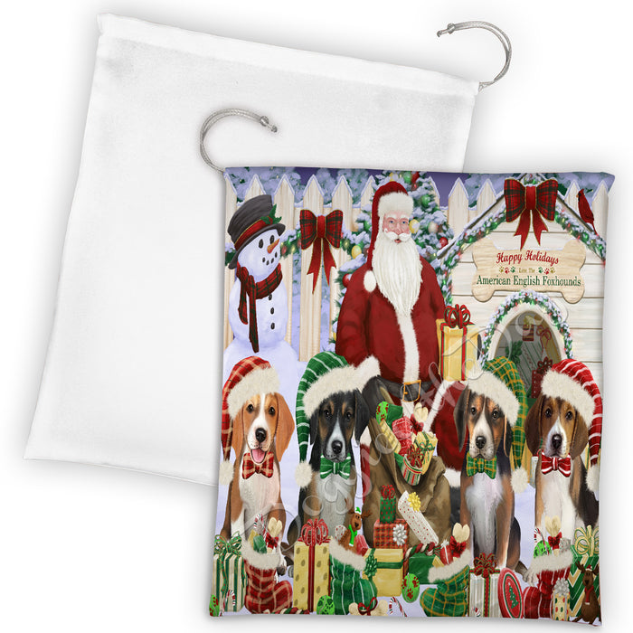 Happy Holidays Christmas American English Foxhound Dogs House Gathering Drawstring Laundry or Gift Bag LGB48006