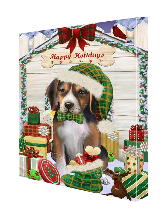 Christmas House with Presents American English Foxhound Dog Canvas Wall Art - Premium Quality Ready to Hang Room Decor Wall Art Canvas - Unique Animal Printed Digital Painting for Decoration CVS343