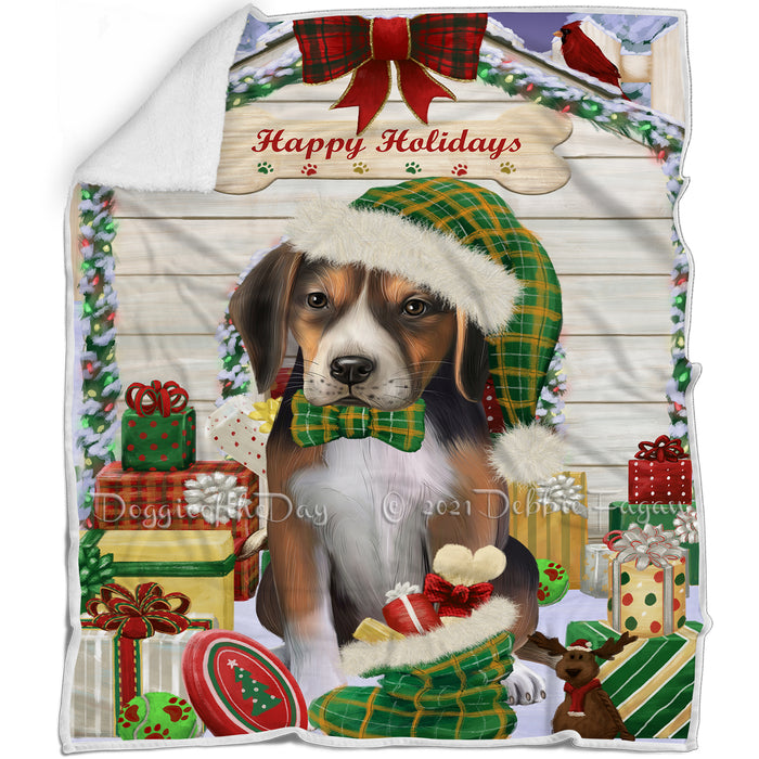 Happy Holidays Christmas American English Foxhound Dog House with Presents Blanket BLNKT142031