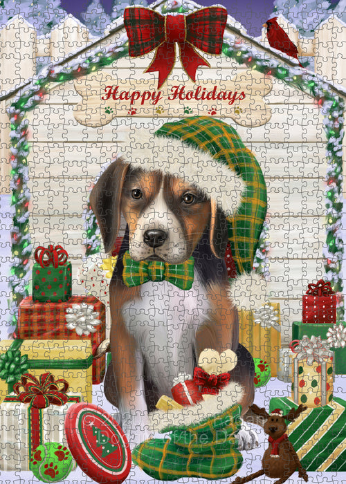 Christmas House with Presents American English Foxhound Dog Portrait Jigsaw Puzzle for Adults Animal Interlocking Puzzle Game Unique Gift for Dog Lover's with Metal Tin Box PZL638