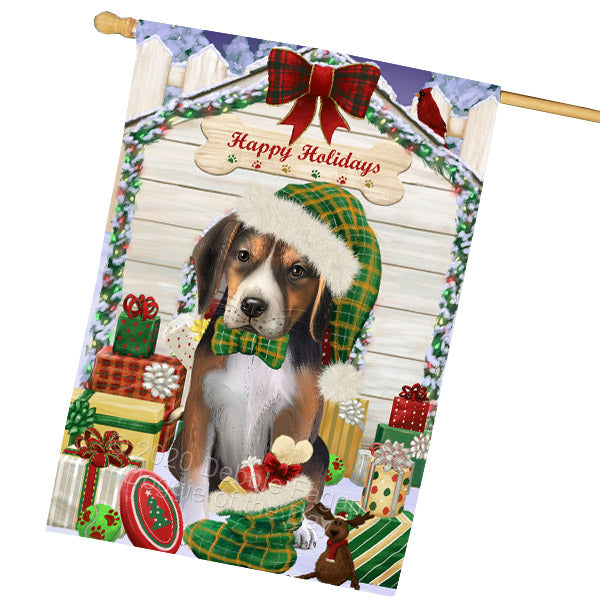 Christmas House with Presents American English Foxhound Dog House Flag Outdoor Decorative Double Sided Pet Portrait Weather Resistant Premium Quality Animal Printed Home Decorative Flags 100% Polyester FLG69203