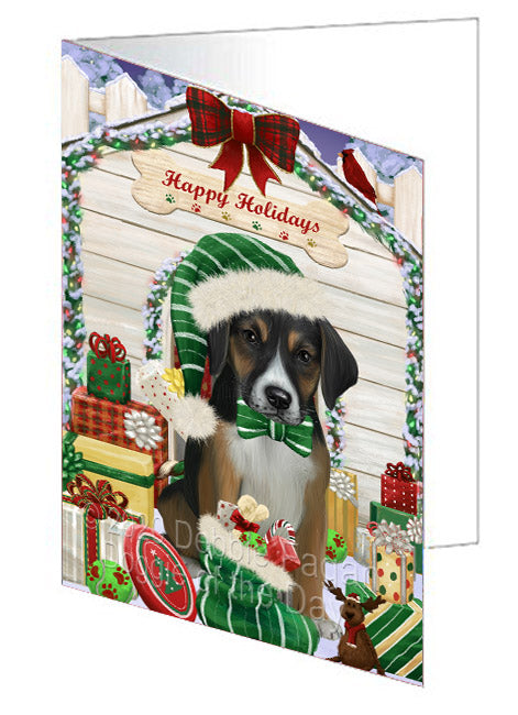 Christmas House with Presents American English Foxhound Dog Handmade Artwork Assorted Pets Greeting Cards and Note Cards with Envelopes for All Occasions and Holiday Seasons