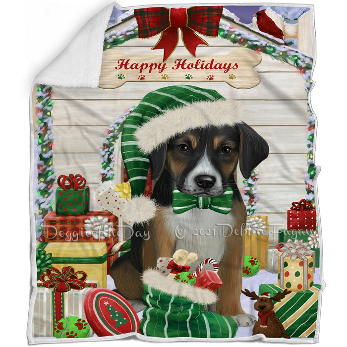 Happy Holidays Christmas American English Foxhound Dog House with Presents Blanket BLNKT142032