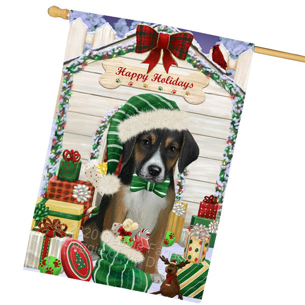 Christmas House with Presents American English Foxhound Dog House Flag Outdoor Decorative Double Sided Pet Portrait Weather Resistant Premium Quality Animal Printed Home Decorative Flags 100% Polyester FLG69204