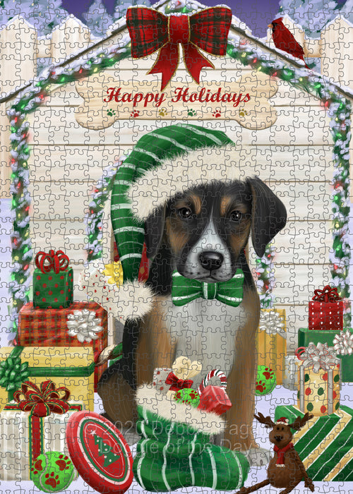 Christmas House with Presents American English Foxhound Dog Portrait Jigsaw Puzzle for Adults Animal Interlocking Puzzle Game Unique Gift for Dog Lover's with Metal Tin Box PZL639