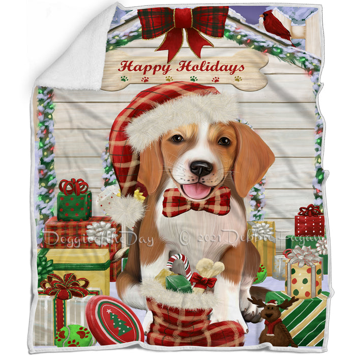 Happy Holidays Christmas American English Foxhound Dog House with Presents Blanket BLNKT142033