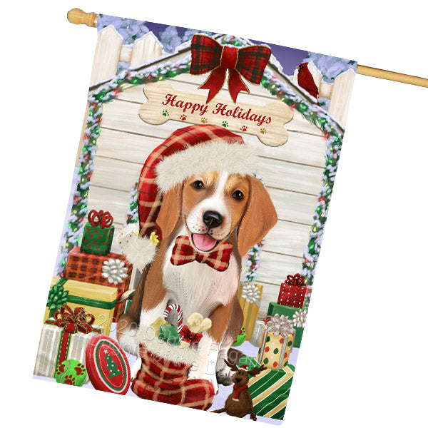 Christmas House with Presents American English Foxhound Dog House Flag Outdoor Decorative Double Sided Pet Portrait Weather Resistant Premium Quality Animal Printed Home Decorative Flags 100% Polyester FLG69205