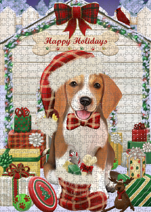Christmas House with Presents American English Foxhound Dog Portrait Jigsaw Puzzle for Adults Animal Interlocking Puzzle Game Unique Gift for Dog Lover's with Metal Tin Box PZL640