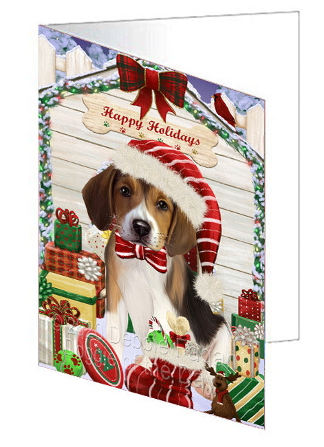 Christmas House with Presents American English Foxhound Dog Handmade Artwork Assorted Pets Greeting Cards and Note Cards with Envelopes for All Occasions and Holiday Seasons