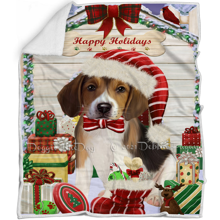 Happy Holidays Christmas American English Foxhound Dog House with Presents Blanket BLNKT142034