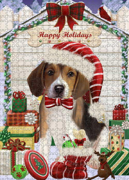 Christmas House with Presents American English Foxhound Dog Portrait Jigsaw Puzzle for Adults Animal Interlocking Puzzle Game Unique Gift for Dog Lover's with Metal Tin Box PZL641