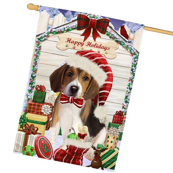 Christmas House with Presents American English Foxhound Dog House Flag Outdoor Decorative Double Sided Pet Portrait Weather Resistant Premium Quality Animal Printed Home Decorative Flags 100% Polyester FLG69206