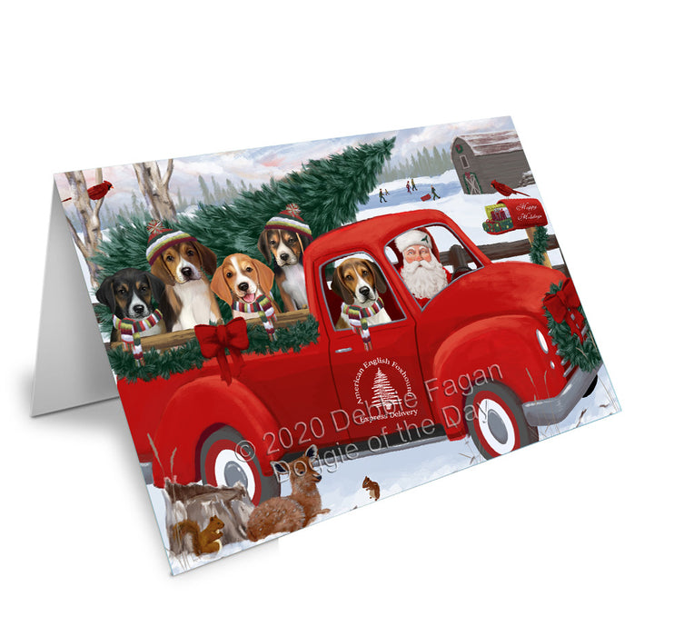 Christmas Santa Express Delivery Red Truck American English Foxhound Dogs  Handmade Artwork Assorted Pets Greeting Cards and Note Cards with Envelopes for All Occasions and Holiday Seasons