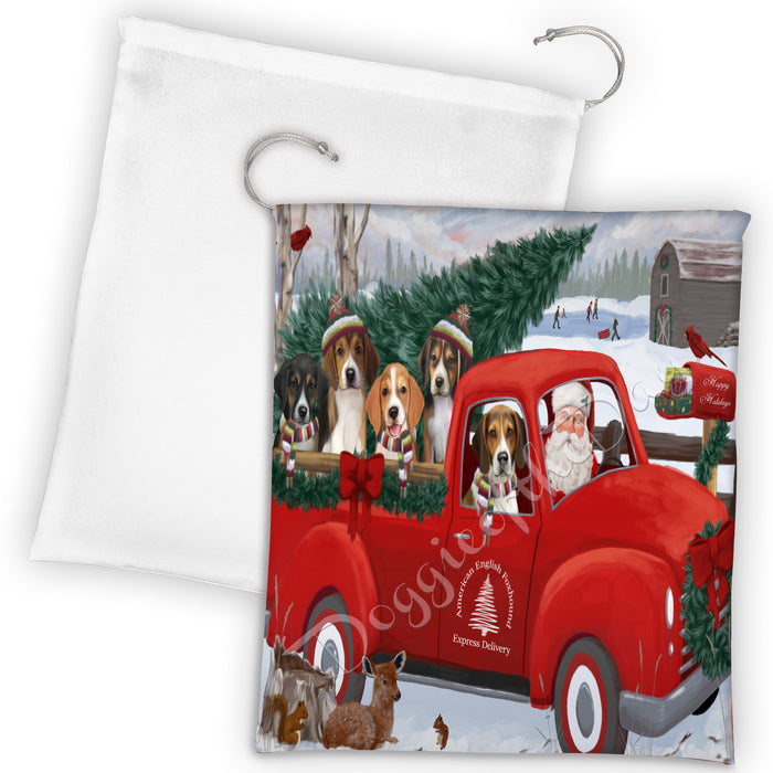 Christmas Santa Express Delivery Red Truck American English Foxhound Dogs Drawstring Laundry or Gift Bag LGB48267