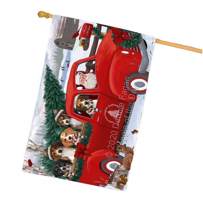 Christmas Santa Express Delivery Red Truck American English Foxhound Dogs House Flag Outdoor Decorative Double Sided Pet Portrait Weather Resistant Premium Quality Animal Printed Home Decorative Flags 100% Polyester