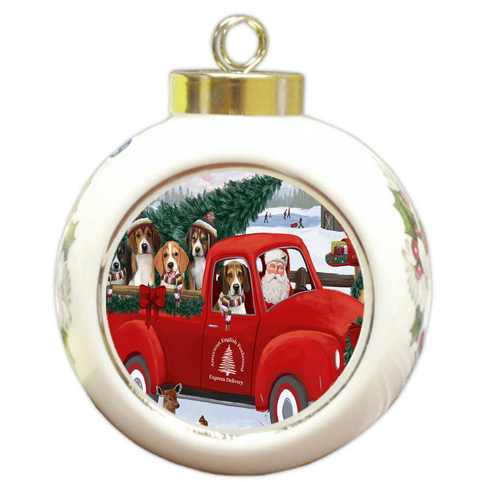 Christmas Santa Express Delivery Red Truck American English Foxhound Dogs Round Ball Christmas Ornament Pet Decorative Hanging Ornaments for Christmas X-mas Tree Decorations - 3" Round Ceramic Ornament