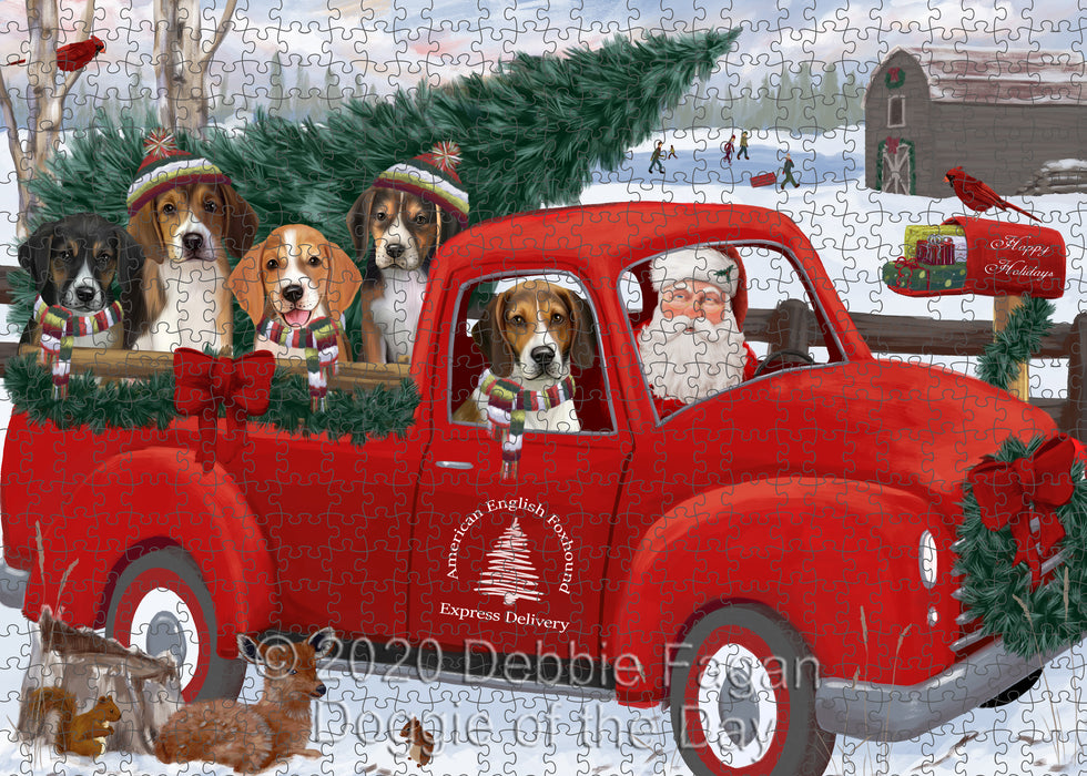 Christmas Santa Express Delivery Red Truck American English Foxhound Dogs Portrait Jigsaw Puzzle for Adults Animal Interlocking Puzzle Game Unique Gift for Dog Lover's with Metal Tin Box