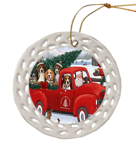 Christmas Santa Express Delivery Red Truck American English Foxhound Dogs Doily Ornament DPOR58874