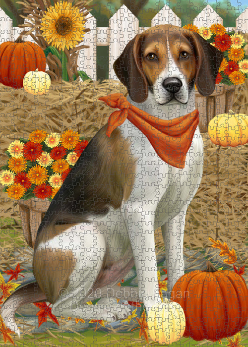 Fall Pumpkin Autumn Greeting American English Foxhound Dog Portrait Jigsaw Puzzle for Adults Animal Interlocking Puzzle Game Unique Gift for Dog Lover's with Metal Tin Box PZL739