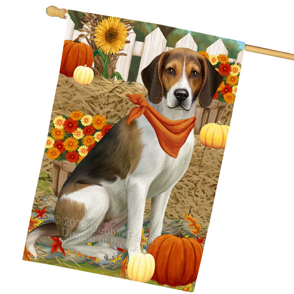 Fall Pumpkin Autumn Greeting American English Foxhound Dog House Flag Outdoor Decorative Double Sided Pet Portrait Weather Resistant Premium Quality Animal Printed Home Decorative Flags 100% Polyester FLG69376