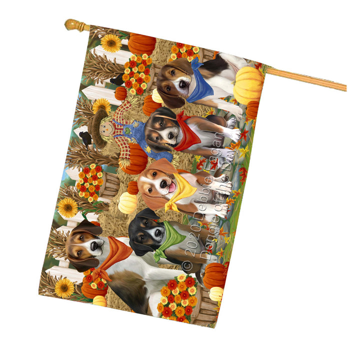 Fall Festive Gathering American English Foxhound Dogs House Flag Outdoor Decorative Double Sided Pet Portrait Weather Resistant Premium Quality Animal Printed Home Decorative Flags 100% Polyester