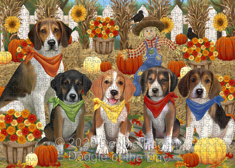 Fall Festive Gathering American English Foxhound Dogs Portrait Jigsaw Puzzle for Adults Animal Interlocking Puzzle Game Unique Gift for Dog Lover's with Metal Tin Box