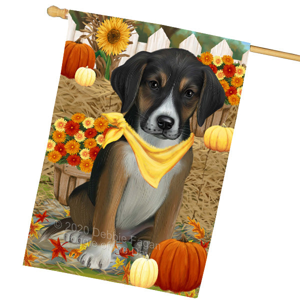 Fall Pumpkin Autumn Greeting American English Foxhound Dog House Flag Outdoor Decorative Double Sided Pet Portrait Weather Resistant Premium Quality Animal Printed Home Decorative Flags 100% Polyester FLG69377