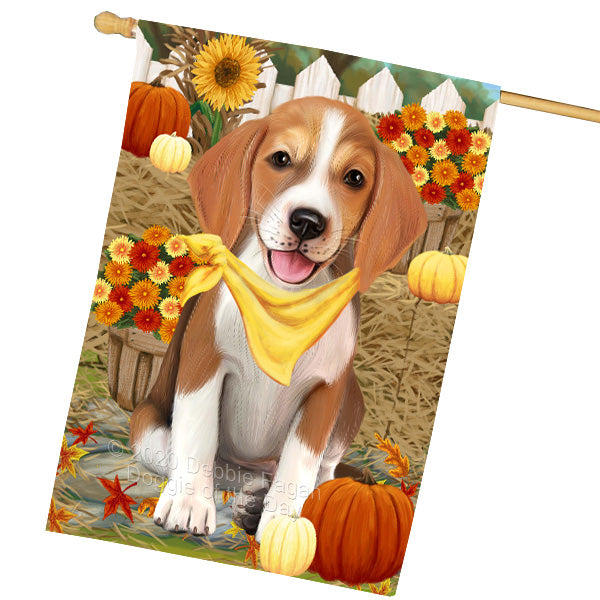 Fall Pumpkin Autumn Greeting American English Foxhound Dog House Flag Outdoor Decorative Double Sided Pet Portrait Weather Resistant Premium Quality Animal Printed Home Decorative Flags 100% Polyester FLG69378