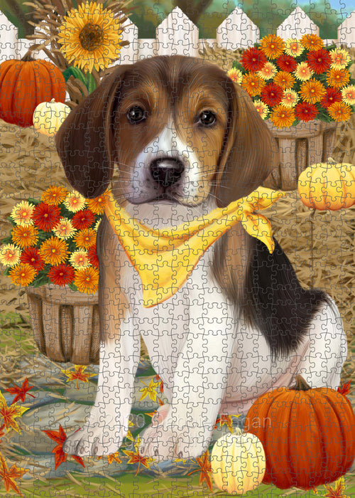 Fall Pumpkin Autumn Greeting American English Foxhound Dog Portrait Jigsaw Puzzle for Adults Animal Interlocking Puzzle Game Unique Gift for Dog Lover's with Metal Tin Box PZL742