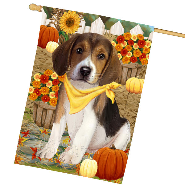 Fall Pumpkin Autumn Greeting American English Foxhound Dog House Flag Outdoor Decorative Double Sided Pet Portrait Weather Resistant Premium Quality Animal Printed Home Decorative Flags 100% Polyester FLG69379