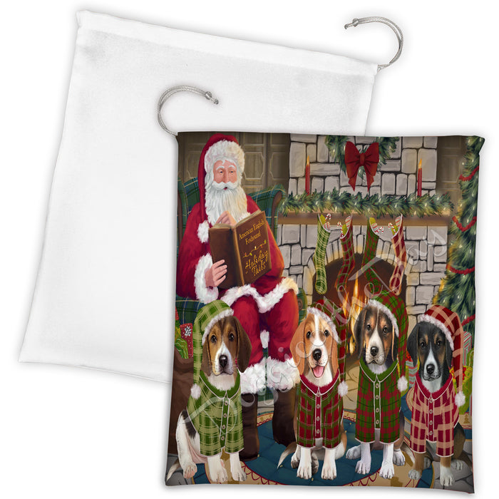 Christmas Cozy Holiday Fire Tails American English Foxhound Dogs Drawstring Laundry or Gift Bag LGB48461