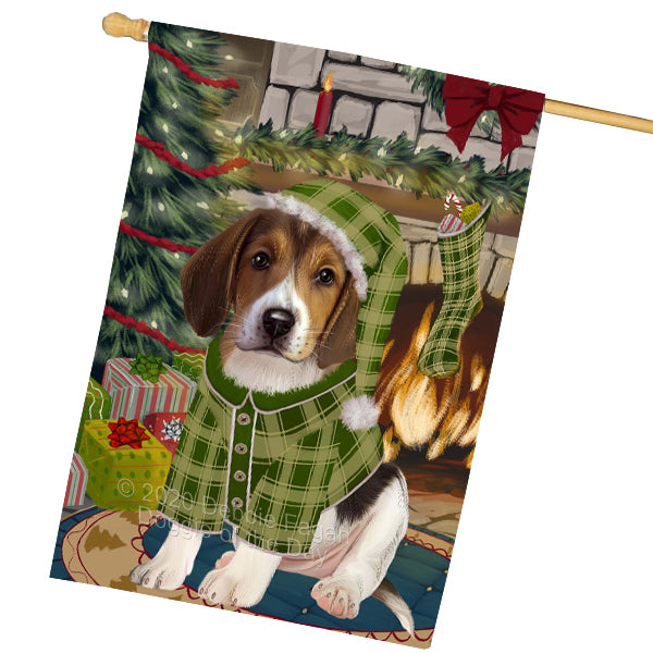 The Christmas Stocking was Hung American English Foxhound Dog House Flag Outdoor Decorative Double Sided Pet Portrait Weather Resistant Premium Quality Animal Printed Home Decorative Flags 100% Polyester FLGA69584