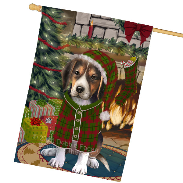 The Christmas Stocking was Hung American English Foxhound Dog House Flag Outdoor Decorative Double Sided Pet Portrait Weather Resistant Premium Quality Animal Printed Home Decorative Flags 100% Polyester FLGA69585