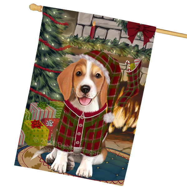 The Christmas Stocking was Hung American English Foxhound Dog House Flag Outdoor Decorative Double Sided Pet Portrait Weather Resistant Premium Quality Animal Printed Home Decorative Flags 100% Polyester FLGA69586