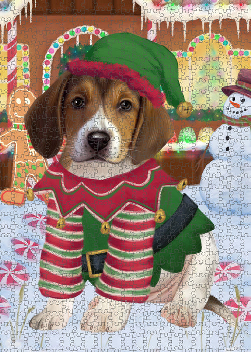 Christmas Gingerbread Elf American English Foxhound Dog Portrait Jigsaw Puzzle for Adults Animal Interlocking Puzzle Game Unique Gift for Dog Lover's with Metal Tin Box