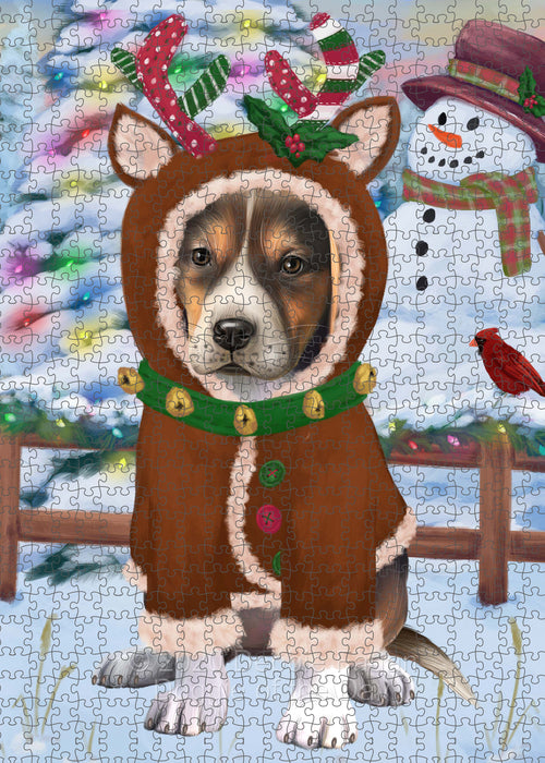 Christmas Gingerbread Reindeer American English Foxhound Dog Portrait Jigsaw Puzzle for Adults Animal Interlocking Puzzle Game Unique Gift for Dog Lover's with Metal Tin Box