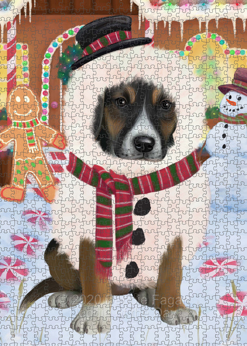 Christmas Gingerbread Snowman American English Foxhound Dog Portrait Jigsaw Puzzle for Adults Animal Interlocking Puzzle Game Unique Gift for Dog Lover's with Metal Tin Box