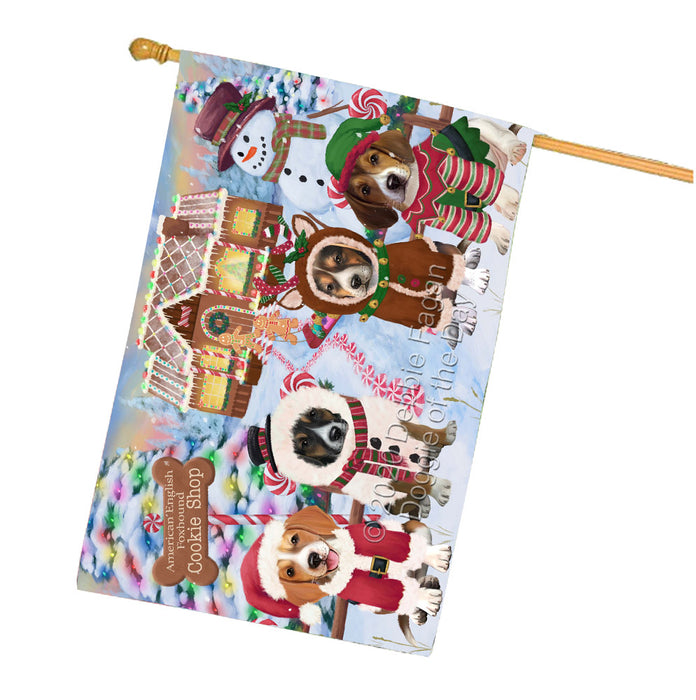 Christmas Gingerbread Cookie Shop American English Foxhound Dogs House Flag Outdoor Decorative Double Sided Pet Portrait Weather Resistant Premium Quality Animal Printed Home Decorative Flags 100% Polyester