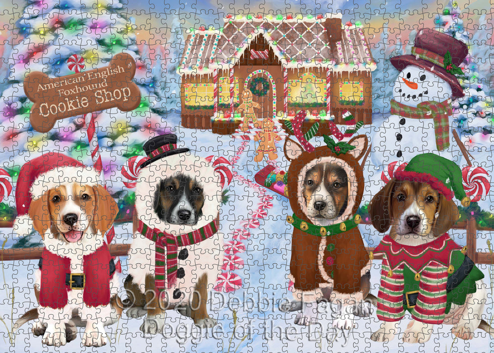 Christmas Gingerbread Cookie Shop American English Foxhound Dogs Portrait Jigsaw Puzzle for Adults Animal Interlocking Puzzle Game Unique Gift for Dog Lover's with Metal Tin Box
