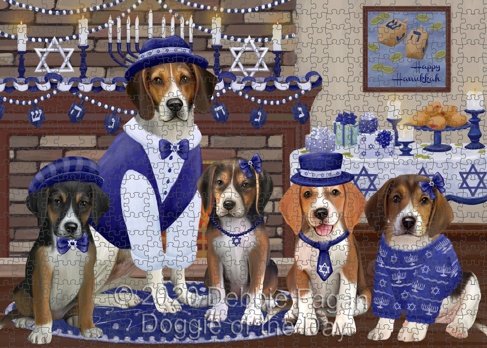 Happy Hanukkah Family American English Foxhound Dogs Portrait Jigsaw Puzzle for Adults Animal Interlocking Puzzle Game Unique Gift for Dog Lover's with Metal Tin Box