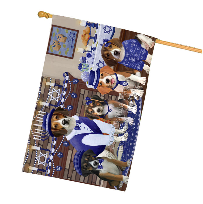 Happy Hanukkah Family American English Foxhound Dogs House Flag Outdoor Decorative Double Sided Pet Portrait Weather Resistant Premium Quality Animal Printed Home Decorative Flags 100% Polyester