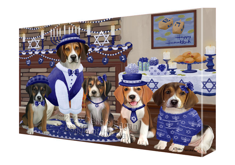 Happy Hanukkah Family American English Foxhound Dogs Canvas Wall Art - Premium Quality Ready to Hang Room Decor Wall Art Canvas - Unique Animal Printed Digital Painting for Decoration