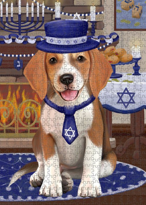 Happy Hanukkah American English Foxhound Dog Portrait Jigsaw Puzzle for Adults Animal Interlocking Puzzle Game Unique Gift for Dog Lover's with Metal Tin Box PZL475
